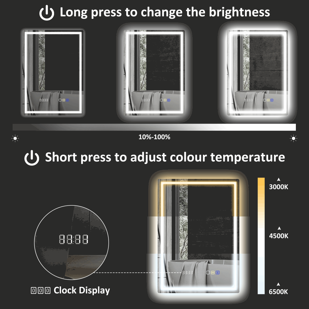 HOMCOM 500 x 700 mm Bathroom Mirror with Bluetooth Clock Lights Demister Pad HOMCOM