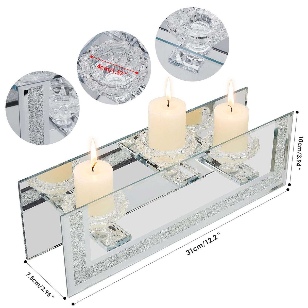London Boutique Mirrored Candle Holder for 3 Candles – Sparkling Silver Frame with K9 Crystal Holders, Luxury Glass Tea Light & Votive Display Stand, Home Décor & Gift Idea (Flower Cups)