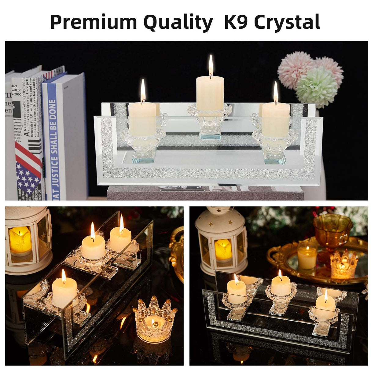 London Boutique Mirrored Candle Holder for 3 Candles – Sparkling Silver Frame with K9 Crystal Holders, Luxury Glass Tea Light & Votive Display Stand, Home Décor & Gift Idea (Flower Cups)