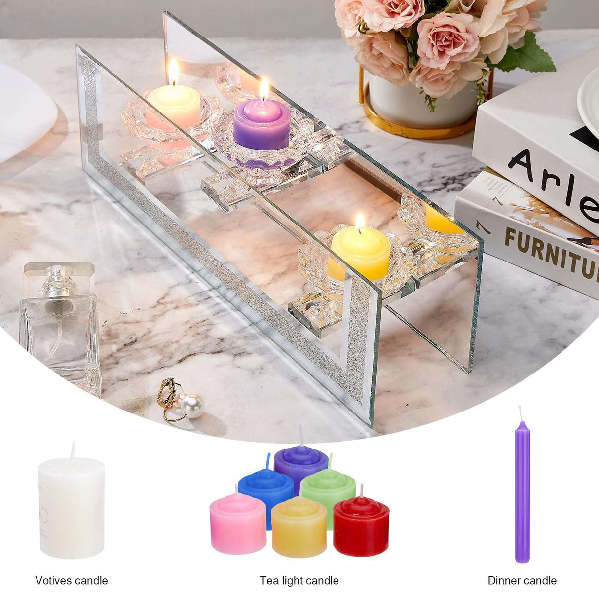 London Boutique Mirrored Candle Holder for 3 Candles – Sparkling Silver Frame with K9 Crystal Holders, Luxury Glass Tea Light & Votive Display Stand, Home Décor & Gift Idea (Flower Cups)