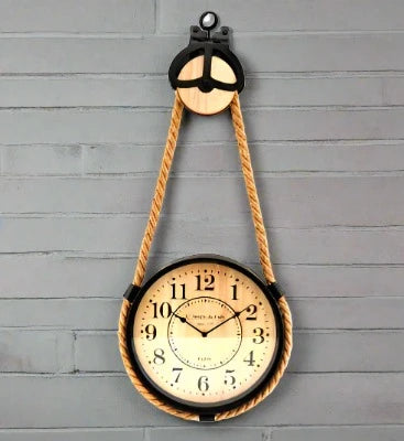 Industrial Hanging Rope Round Black Metal Clock - Shades 4 Seasons