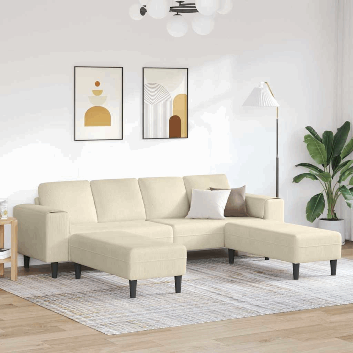 Fabric Sofa with Cushion Light Grey 208 cm Corduroy fabric Cream with ottoman vidaXL