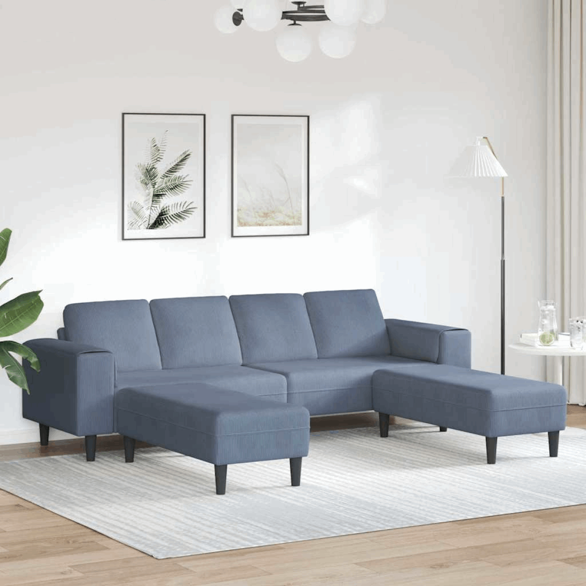 Fabric Sofa with Cushion Light Grey 208 cm Corduroy fabric Blue with ottoman vidaXL