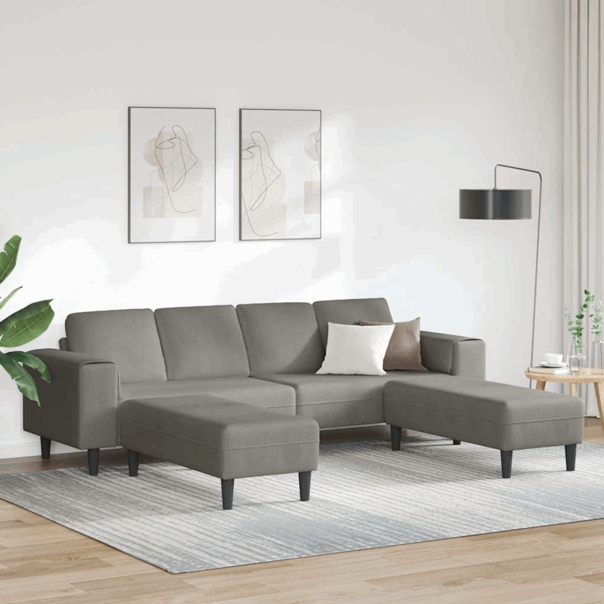 Fabric Sofa with Cushion Light Grey 208 cm Corduroy fabric Light grey with ottoman vidaXL