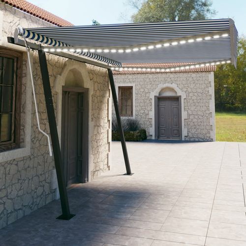 vidaXL Manual Retractable Awning with LED 3x2.5 m Blue and White blue and white 4.5 x 3 m vidaXL