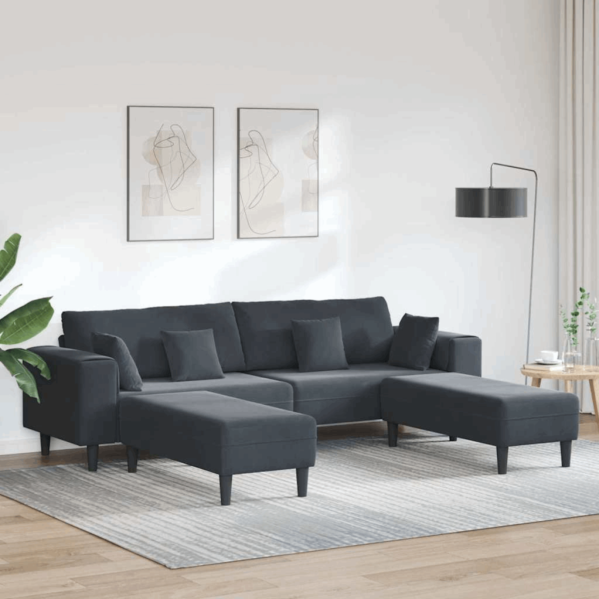 vidaXL Velvet Sofa with Cushion Blue 208 cm Velvet Dark grey with ottoman vidaXL