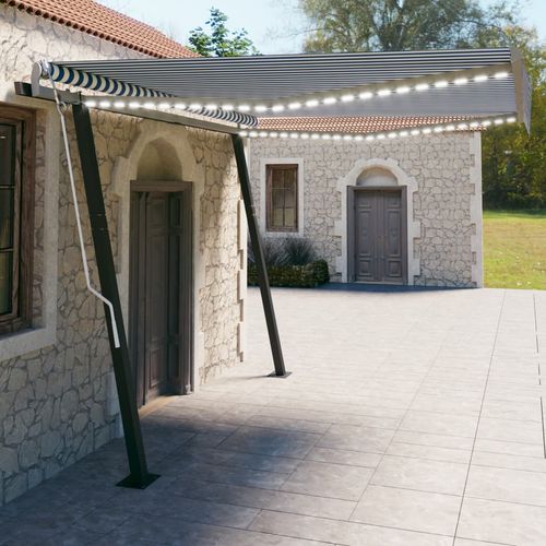 vidaXL Manual Retractable Awning with LED 3x2.5 m Blue and White blue and white 4 x 3 m vidaXL