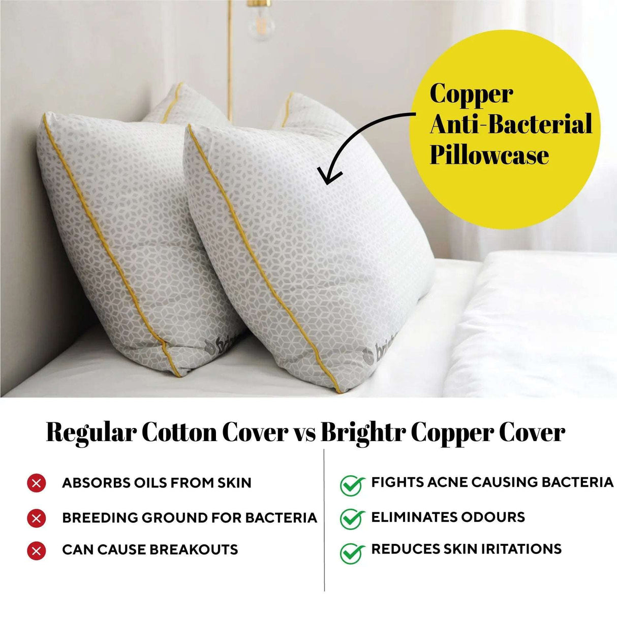 Brightr Adjustable Pillow Bundle with Copper Anti-Bacterial Pillowcases for ultimate comfort and hygiene