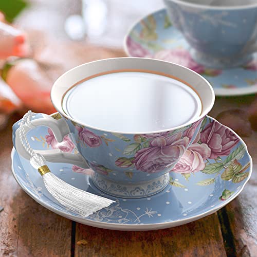 Elegant blue porcelain Afternoon Tea Set featuring floral designs and delicate tassels