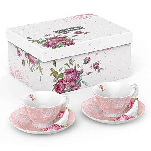 Elegant Afternoon Tea Set with Pink Floral Teacups and Saucers in a Decorative Gift Box