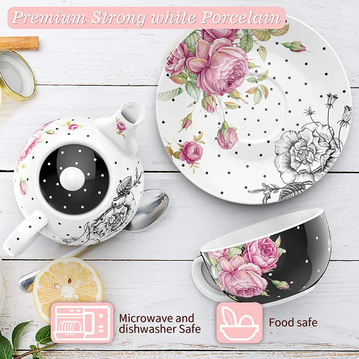 Elegant Afternoon Tea Set in strong white porcelain featuring floral designs and polka dots