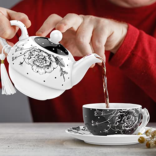 Elegant Afternoon Tea Set with Black and White Floral Design featuring Teapot and Cup