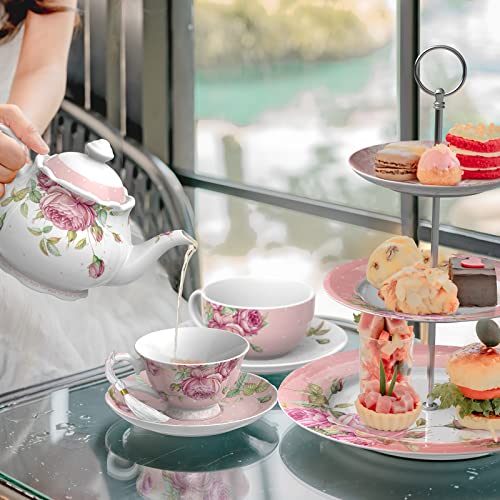 Elegant Afternoon Tea Set with Floral Design, Teapot, Cups, and Tiered Stand for Tea Parties
