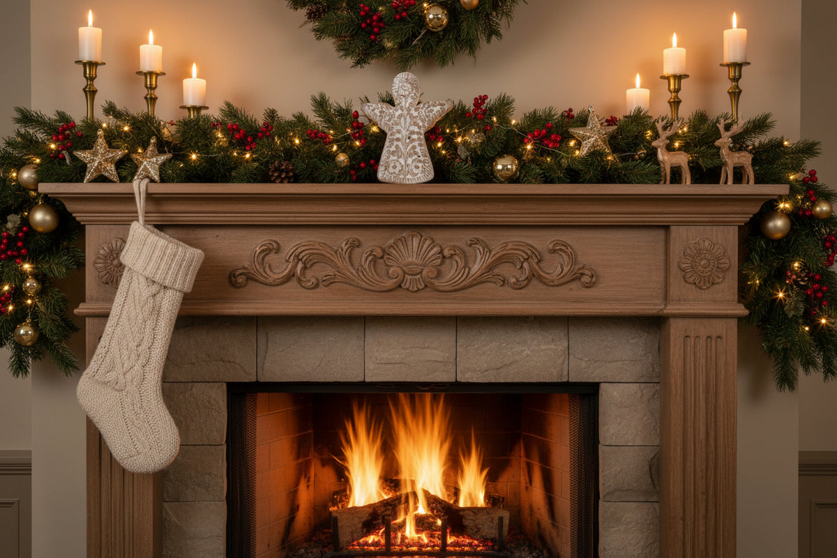 Elegant Angel Decoration on a festive mantel with stockings, candles, and a roaring fire