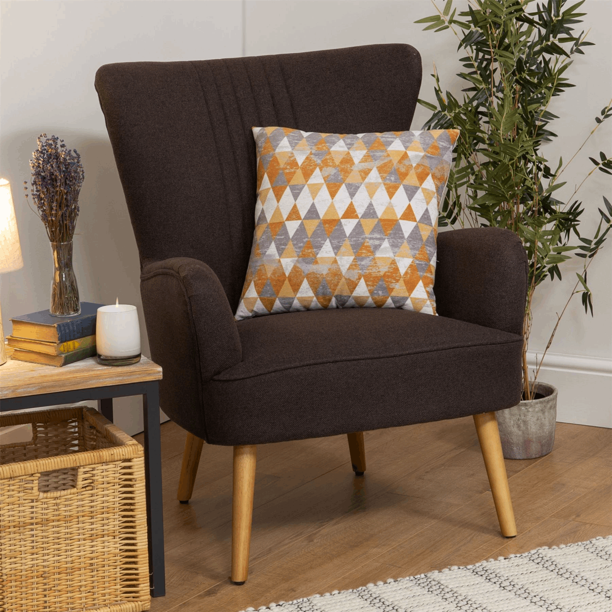 Widdop Modern Armchair in Dark Fabric with Stylish Geometric Cushion for Comfortable Seating