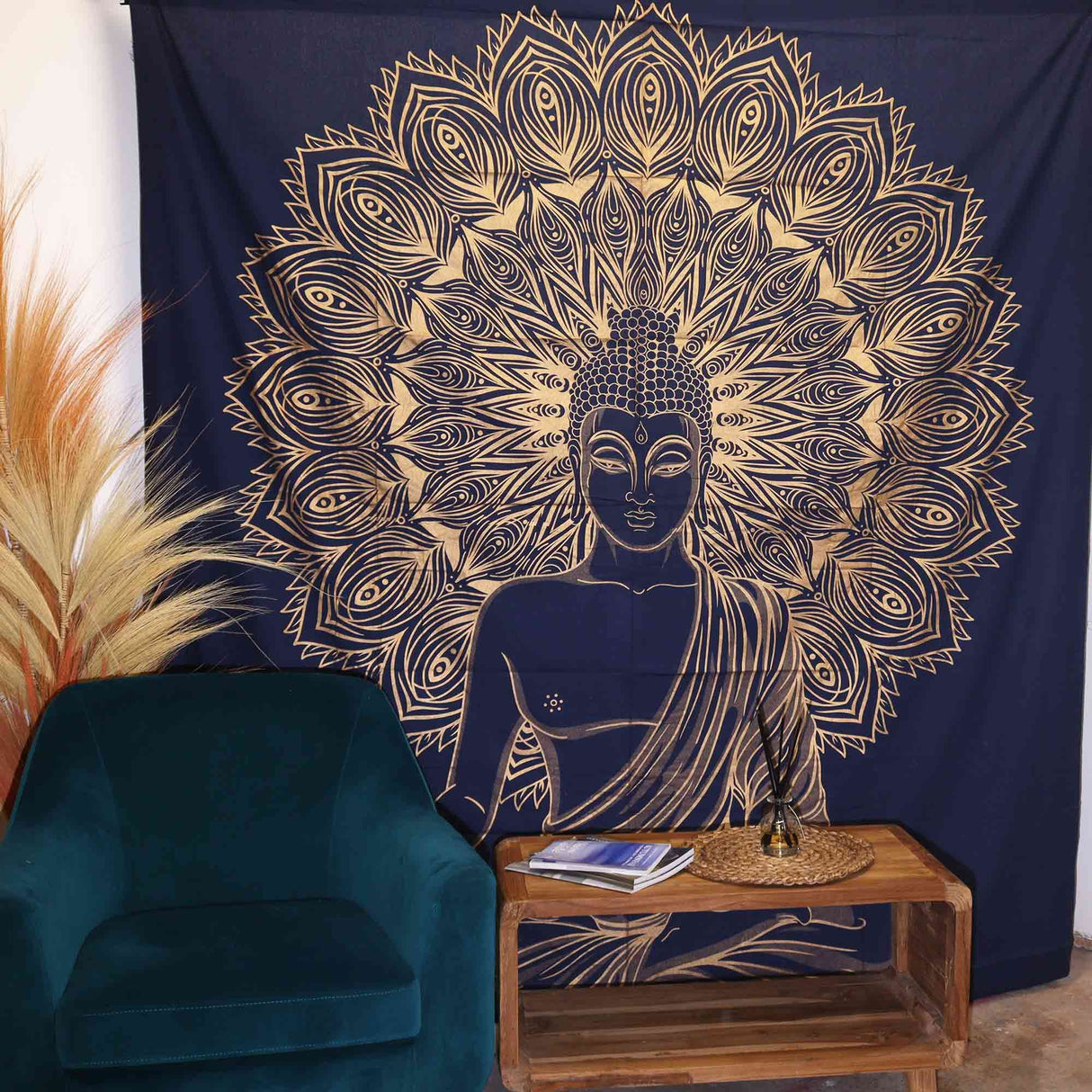 Double Cotton Bedspread and Wall Hanging - Buddha - Blue Gold AW-Dropship