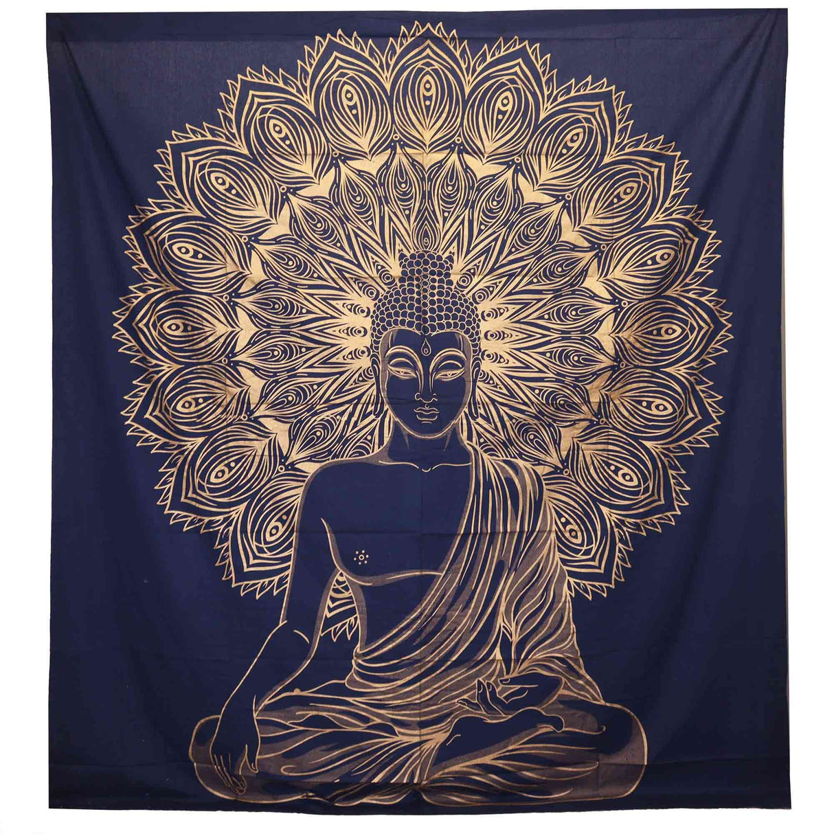 Double Cotton Bedspread and Wall Hanging - Buddha - Blue Gold AW-Dropship