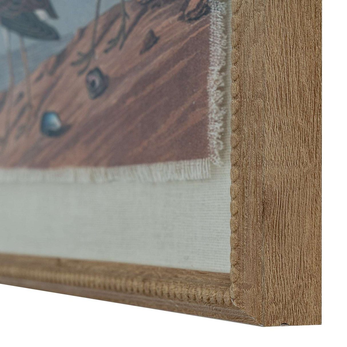 Close-up of Artwork on Linen with a natural wooden frame showcasing textured fabric and detailed print