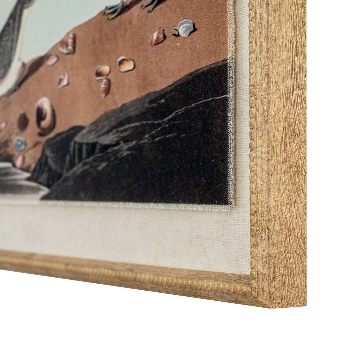 Close-up of a stunning artwork on linen featuring a seaside scene with shells and textured colours