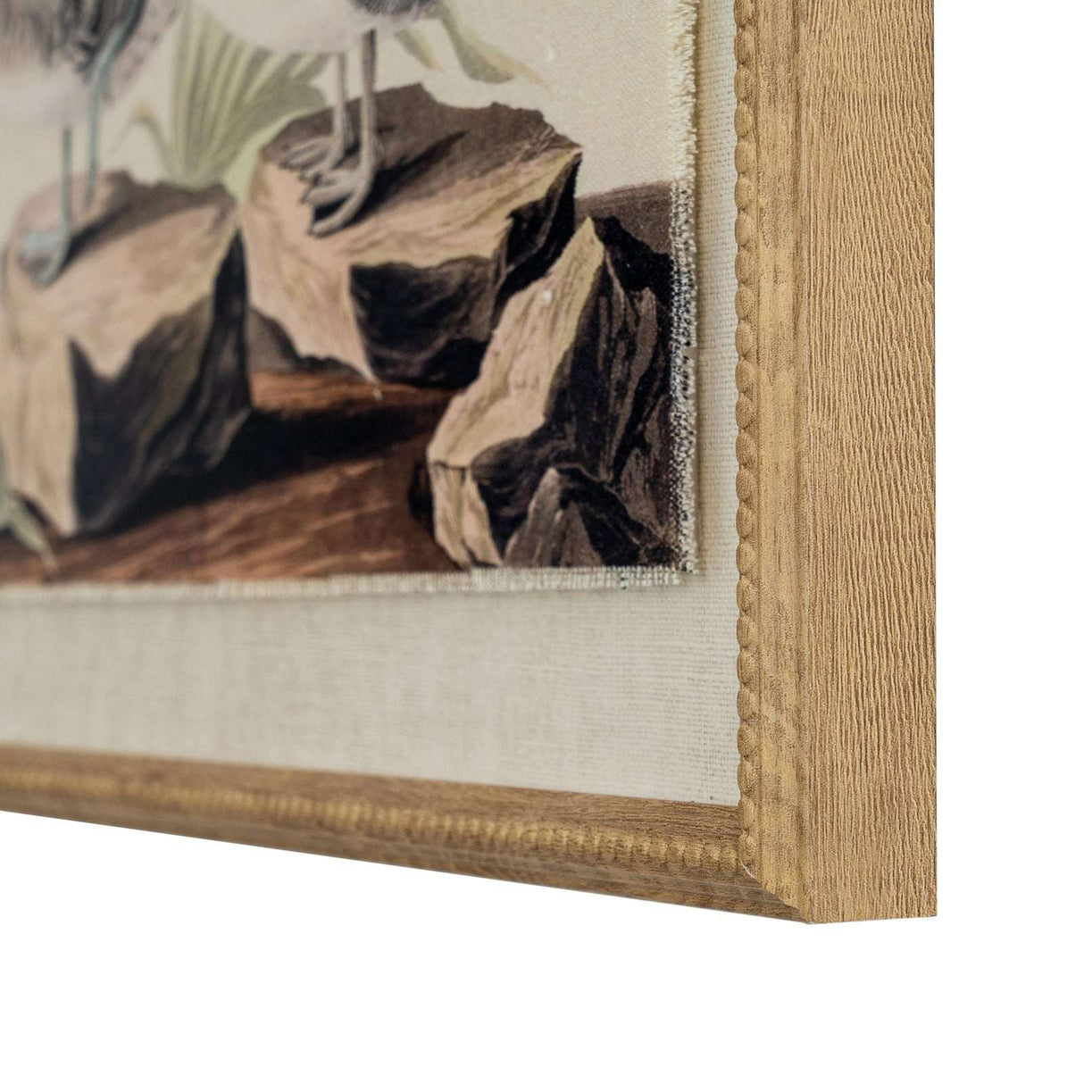 Artwork On Linen featuring a detailed illustration of birds on natural rocks with a textured frame