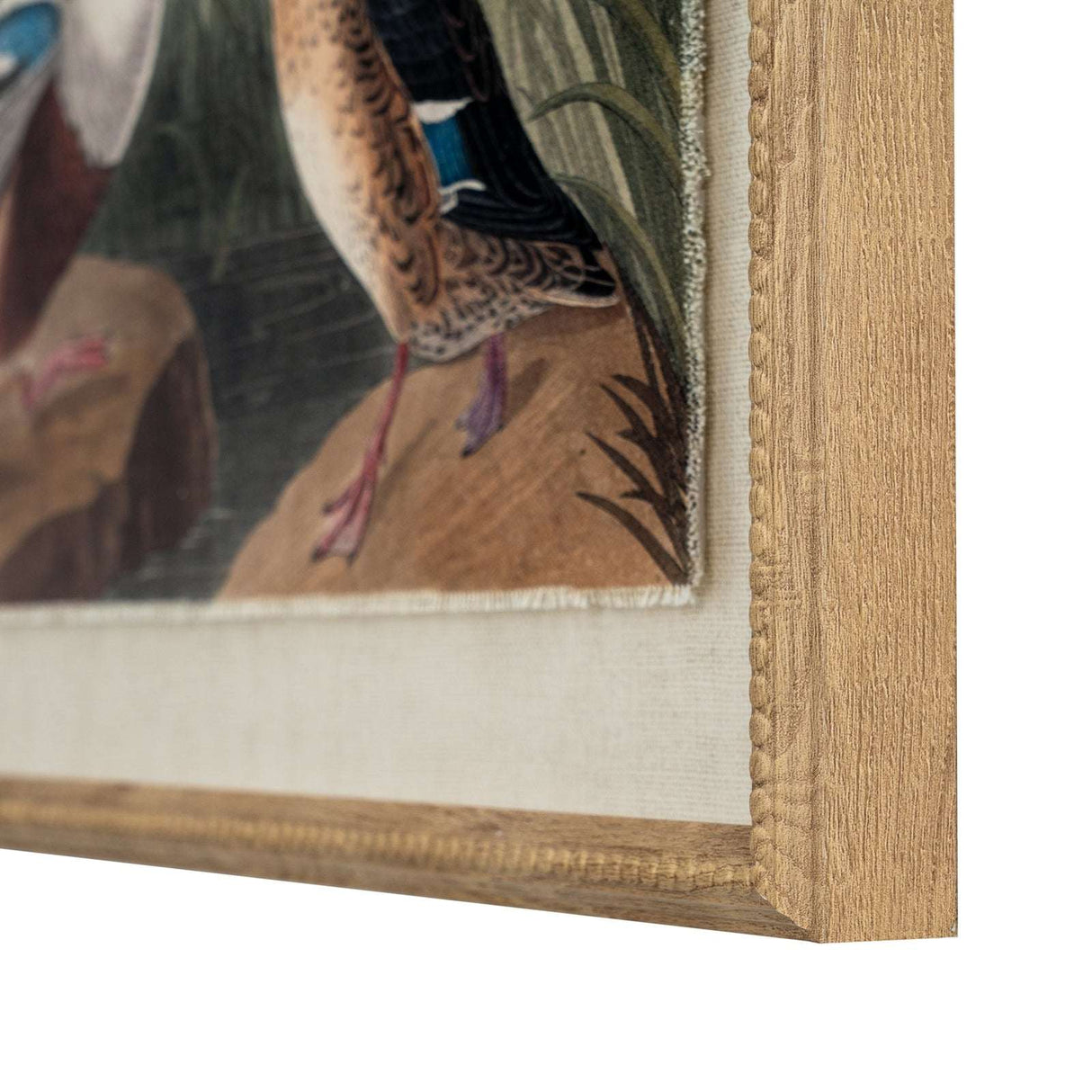 Close-up of framed artwork on linen featuring detailed ducks in nature scene by Shades 4 Seasons
