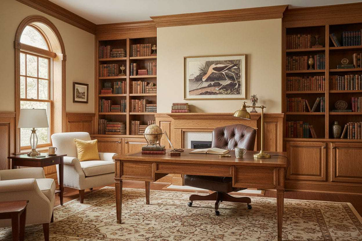 Elegant office featuring Artwork On Linen above a classic wooden desk and bookshelves