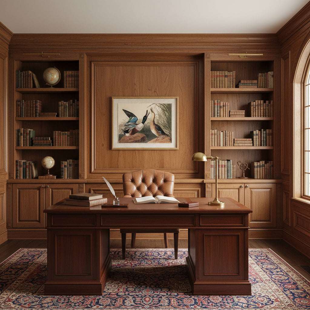 Elegant office featuring Artwork On Linen displayed above a classic wooden desk with bookshelves