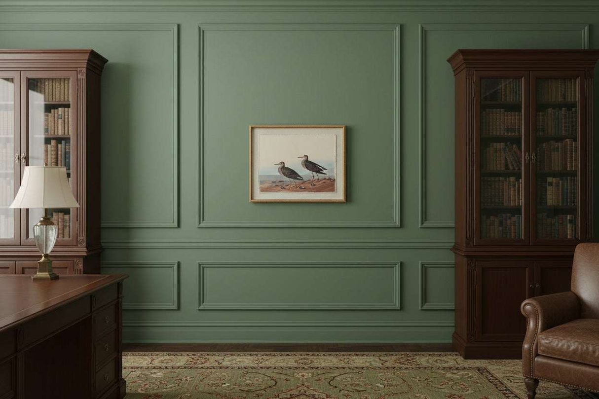 Artwork on linen featuring two birds in a serene indoor setting with green walls and wooden furniture