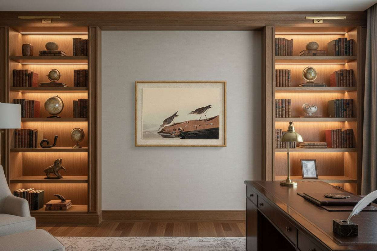 Elegant Artwork On Linen featuring a maritime scene, displayed in a stylish home office setting