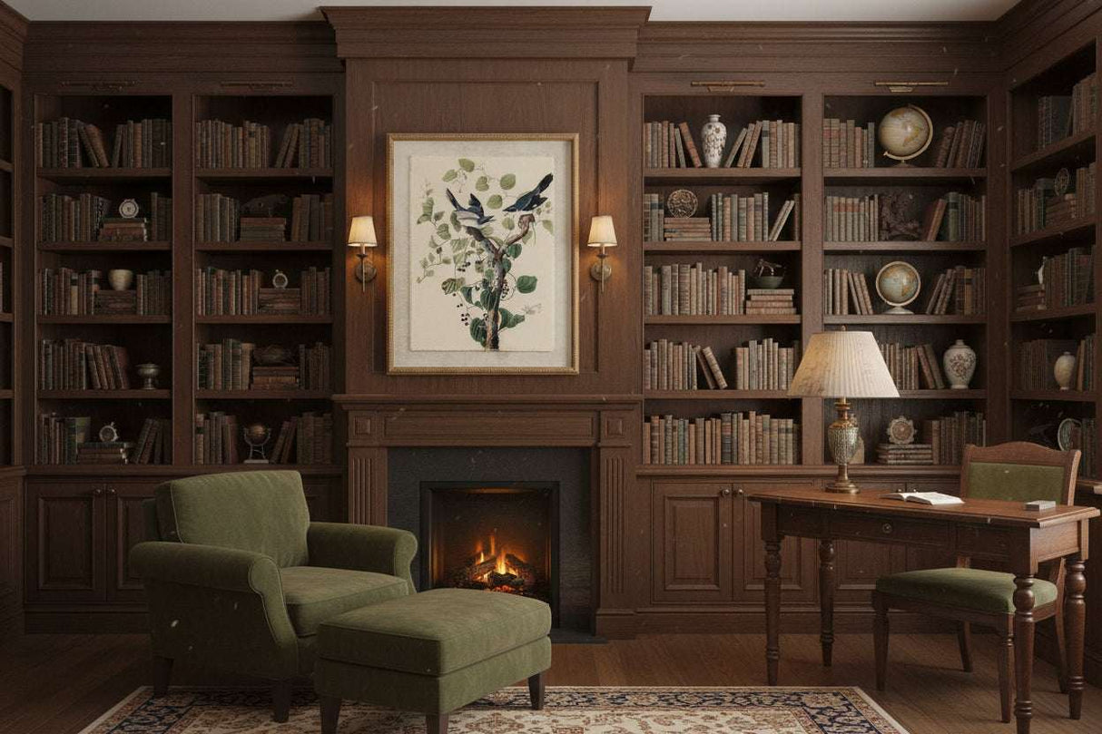 Luxurious library featuring a stunning Artwork On Linen above a classic wooden desk and green armchairs