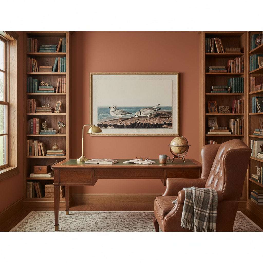 Stylish office featuring printed Artwork On Linen with brown library shelves and a rustic desk