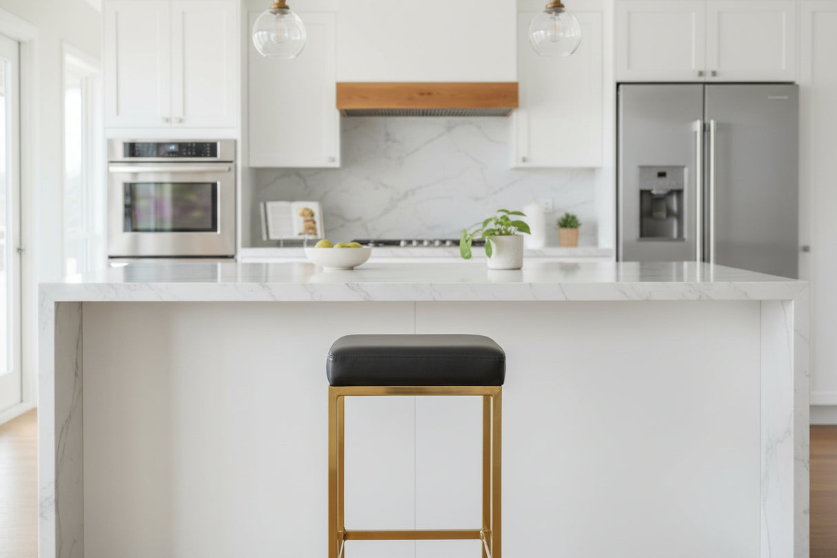Orsina Bar Stool with Black Seat and Gold Frame in Modern Kitchen Setting