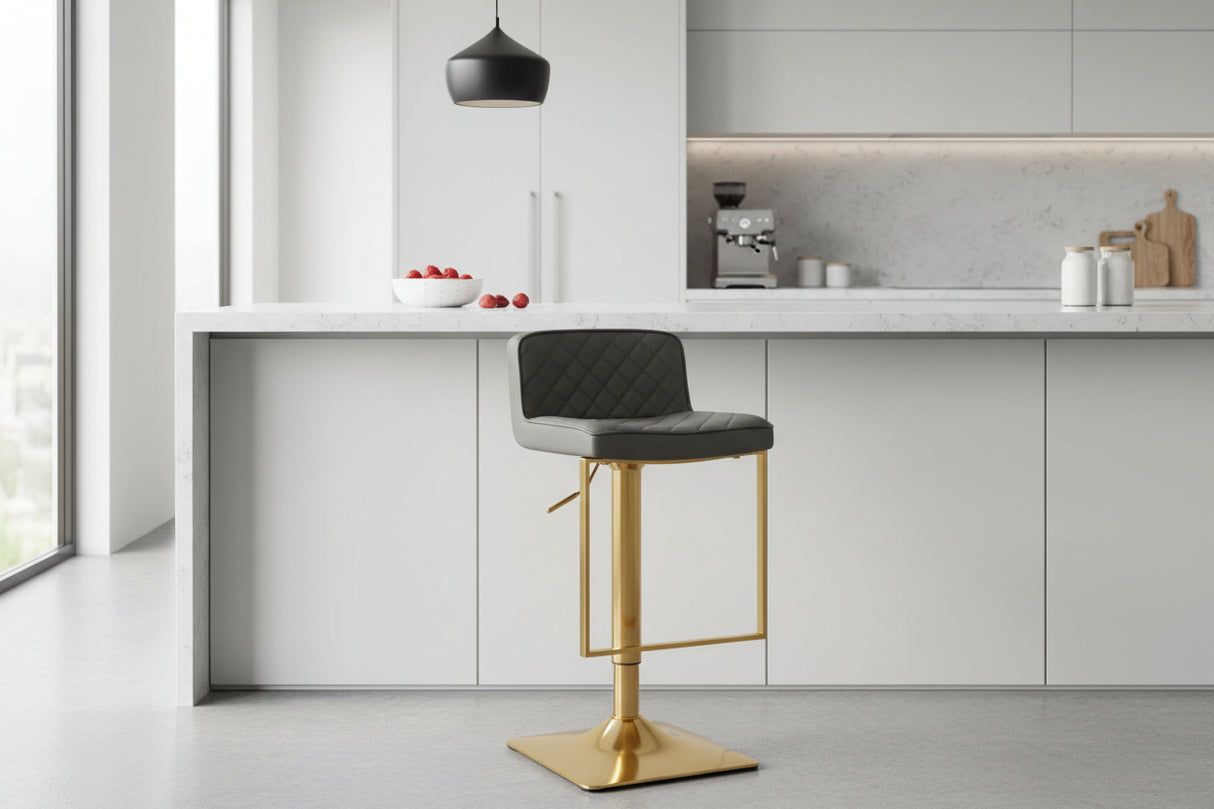 Orsina Bar Stool with Grey Upholstery and Gold Base in Modern Kitchen Setting