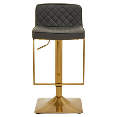 Orsina Bar Stool with Grey Quilted Upholstery and Gold Hydraulic Base for Adjustable Height