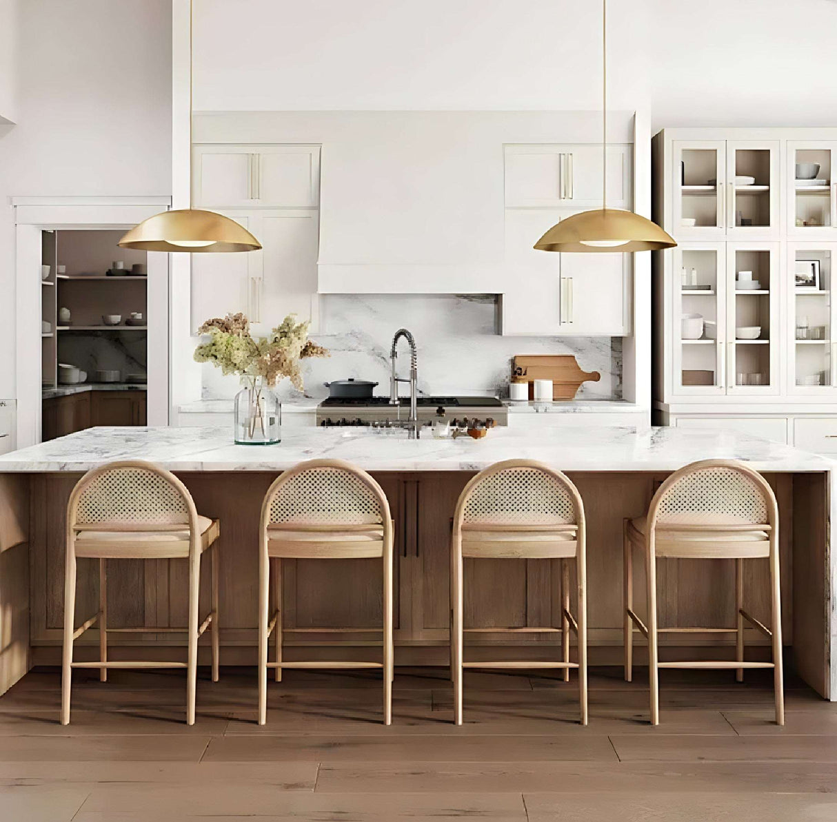 Nisu Home Bar Stool with a wooden frame and soft upholstered seat in a stylish kitchen setting