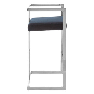 Orsina Bar Stool with a sleek chrome frame and a comfortable blue padded seat