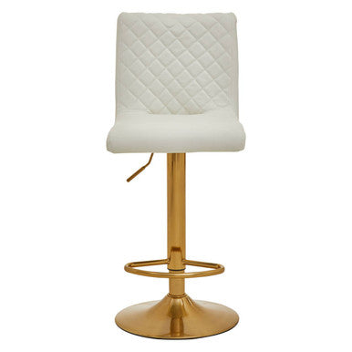 Orsina Bar Stool in white leather with quilted design and gold adjustable base