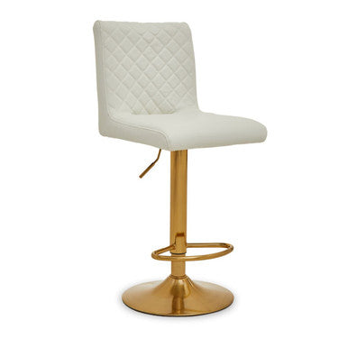 Orsina Bar Stool in White with Quilted Design and Gold Base for Stylish Seating