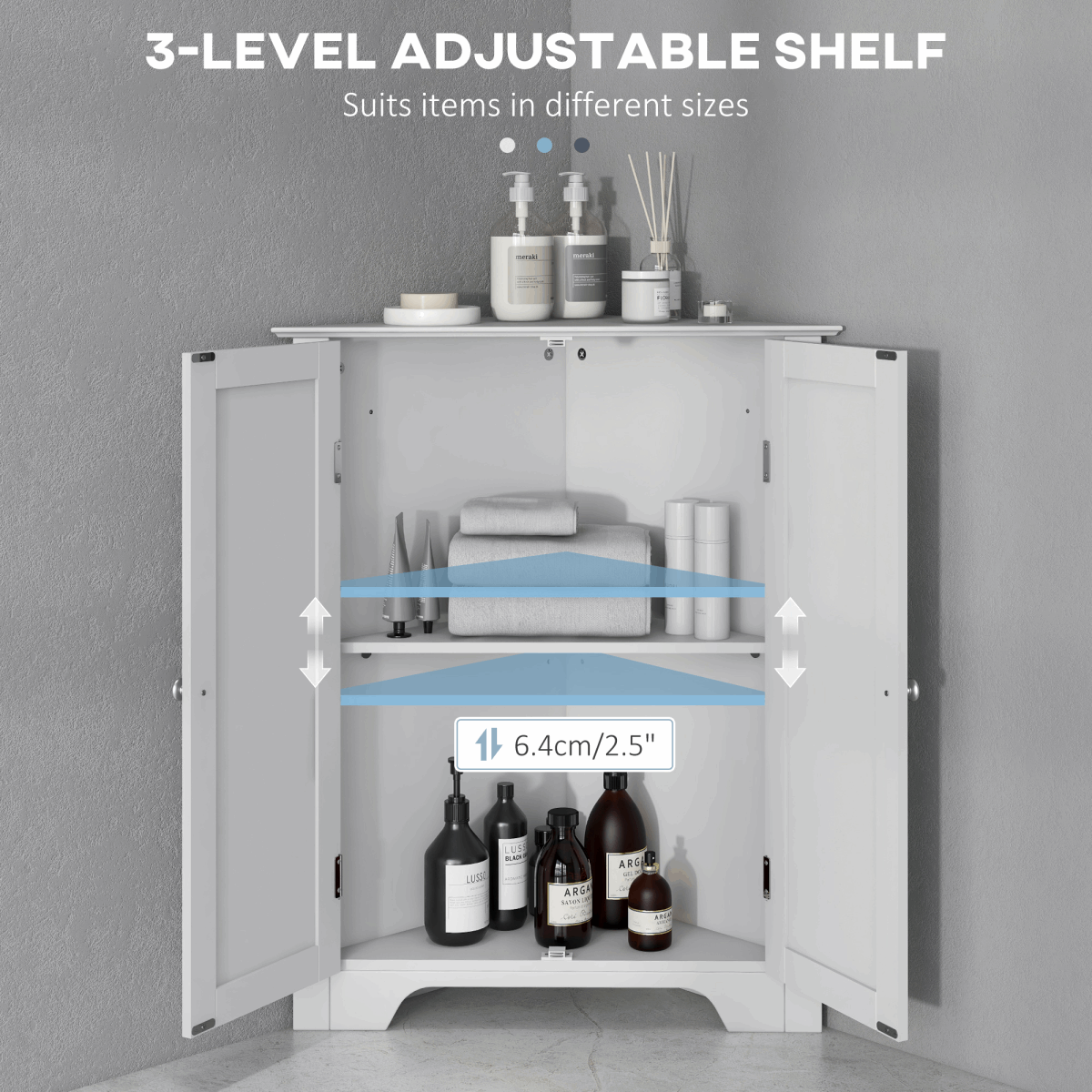 Corner Bathroom Cabinet, Recessed Doors and Adjustable Shelf, White Unbranded