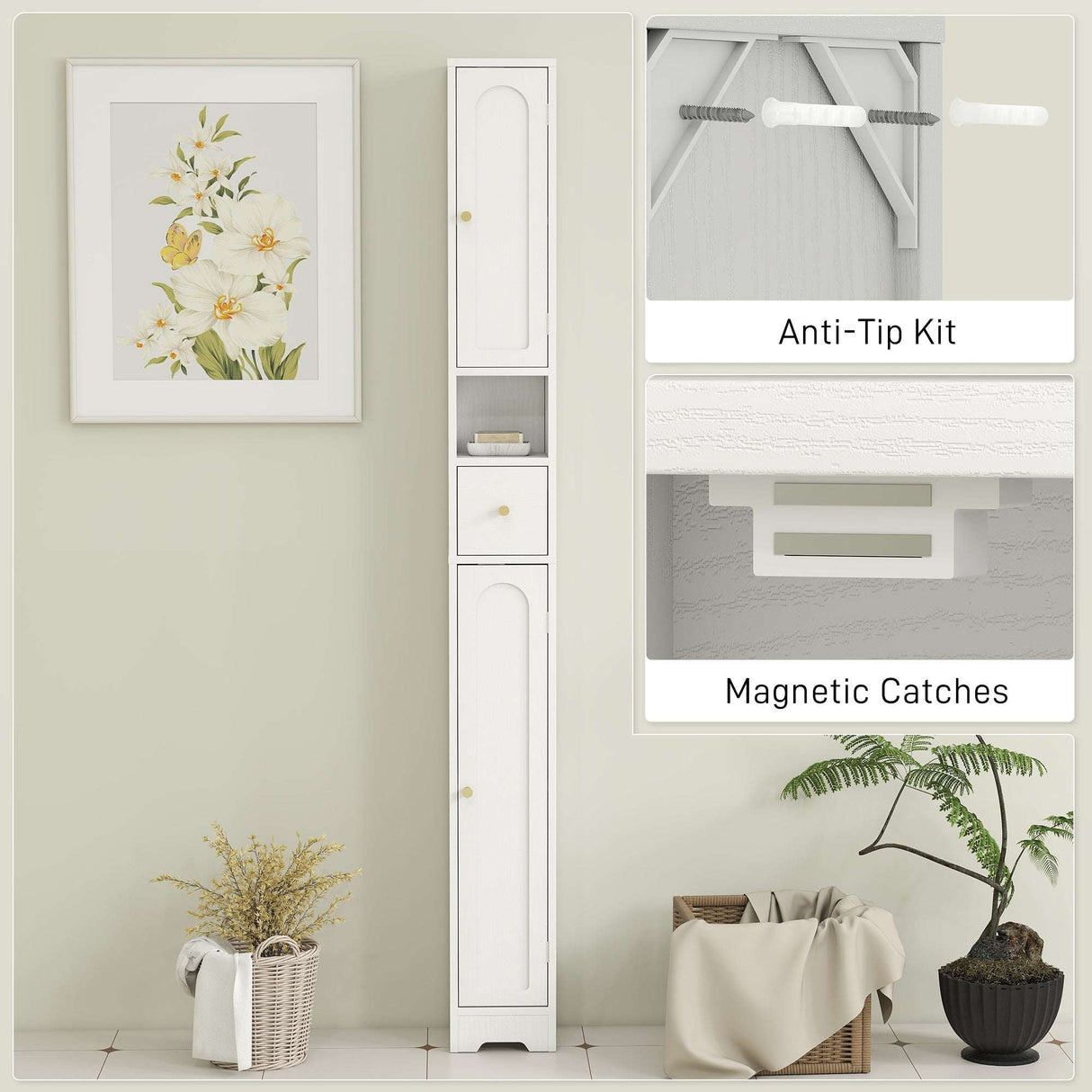 Wise Galleria Tall White Bathroom Cabinet with Anti-Tip Kit and Magnetic Catches for Organised Storage