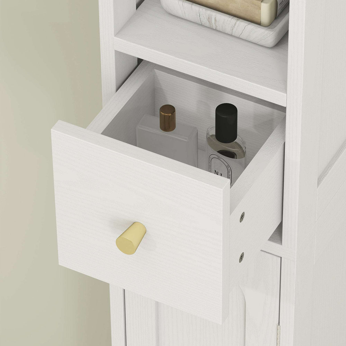 White Wise Galleria Bathroom Cabinet with a small open drawer and elegant storage options
