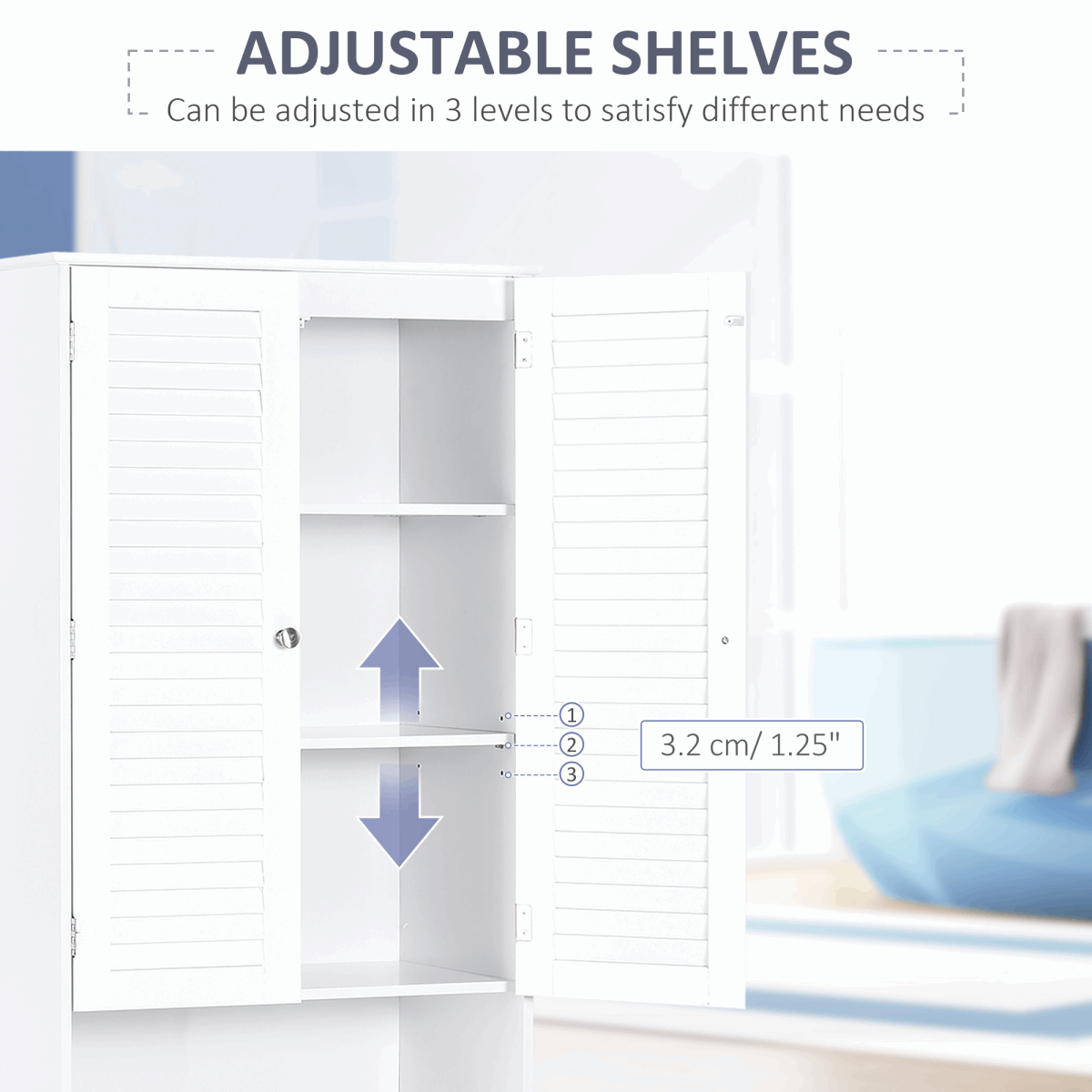 Tall Freestanding Bathroom Cabinet Retro Shutters 3 Compartments White HOMCOM