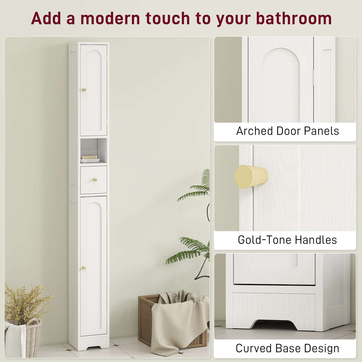 White Wise Galleria Bathroom Cabinet with arched door panels and gold-tone handles for a modern look