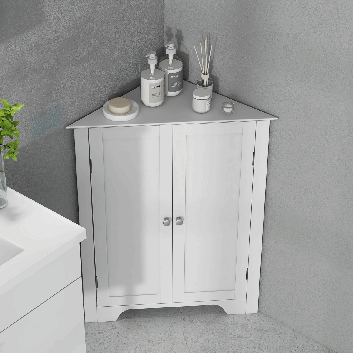 Corner Bathroom Cabinet, Recessed Doors and Adjustable Shelf, White Unbranded