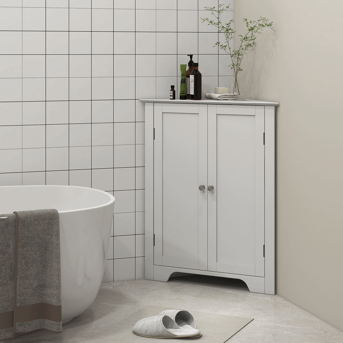 Corner Bathroom Cabinet, Recessed Doors and Adjustable Shelf, White Unbranded