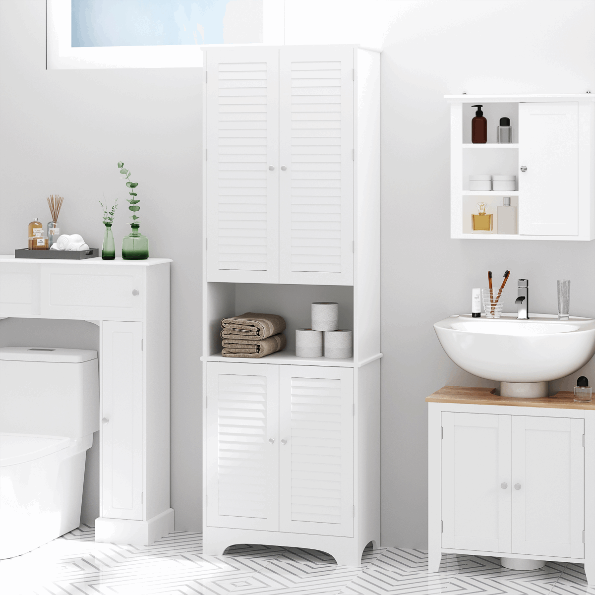 Tall Freestanding Bathroom Cabinet Retro Shutters 3 Compartments White HOMCOM
