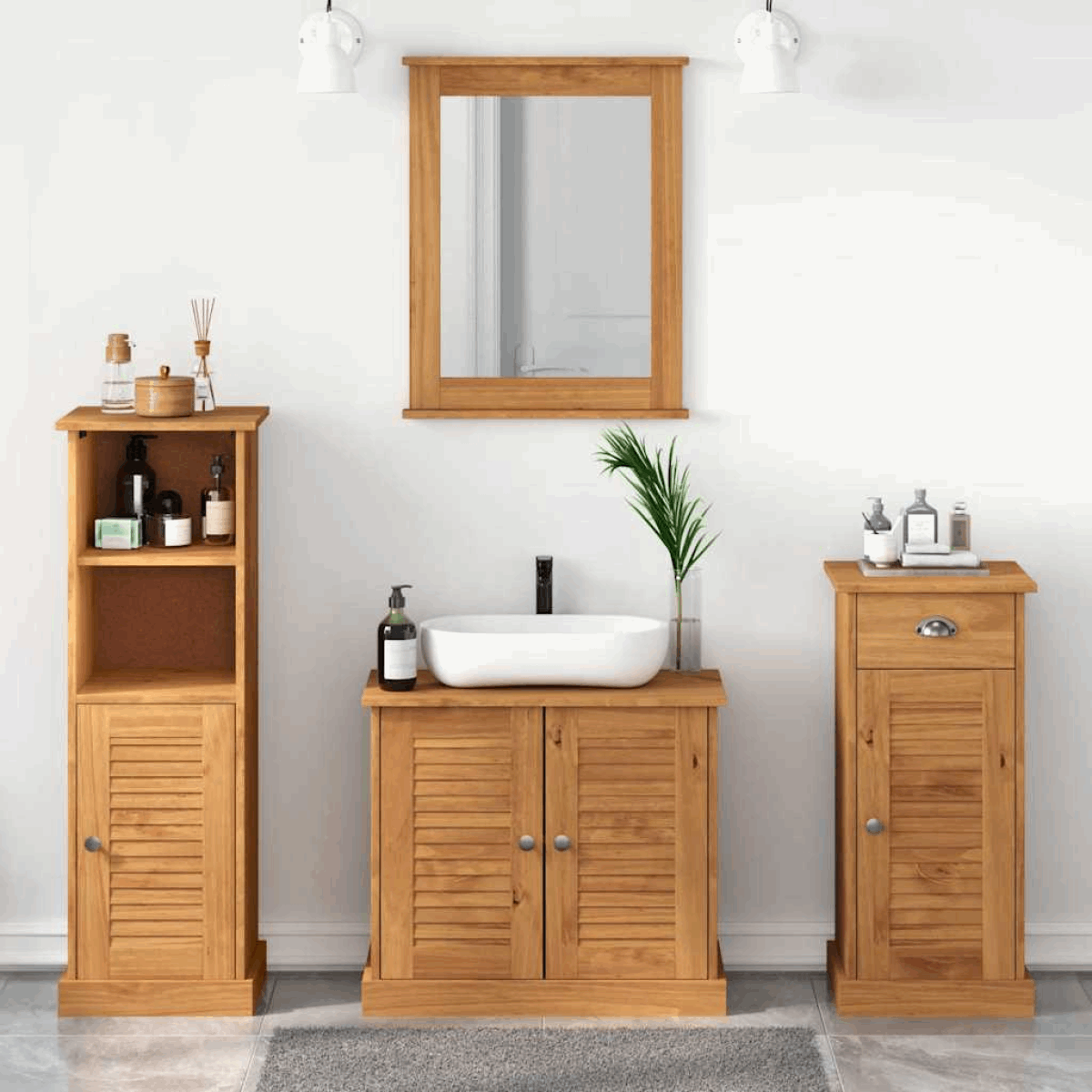 vidaXL Bathroom Furniture Set with Drawer 3 pcs Brown 37 x 34 x 80 cm Honey brown Sink base + mirror + bathroom cabinet + high cabinet vidaXL