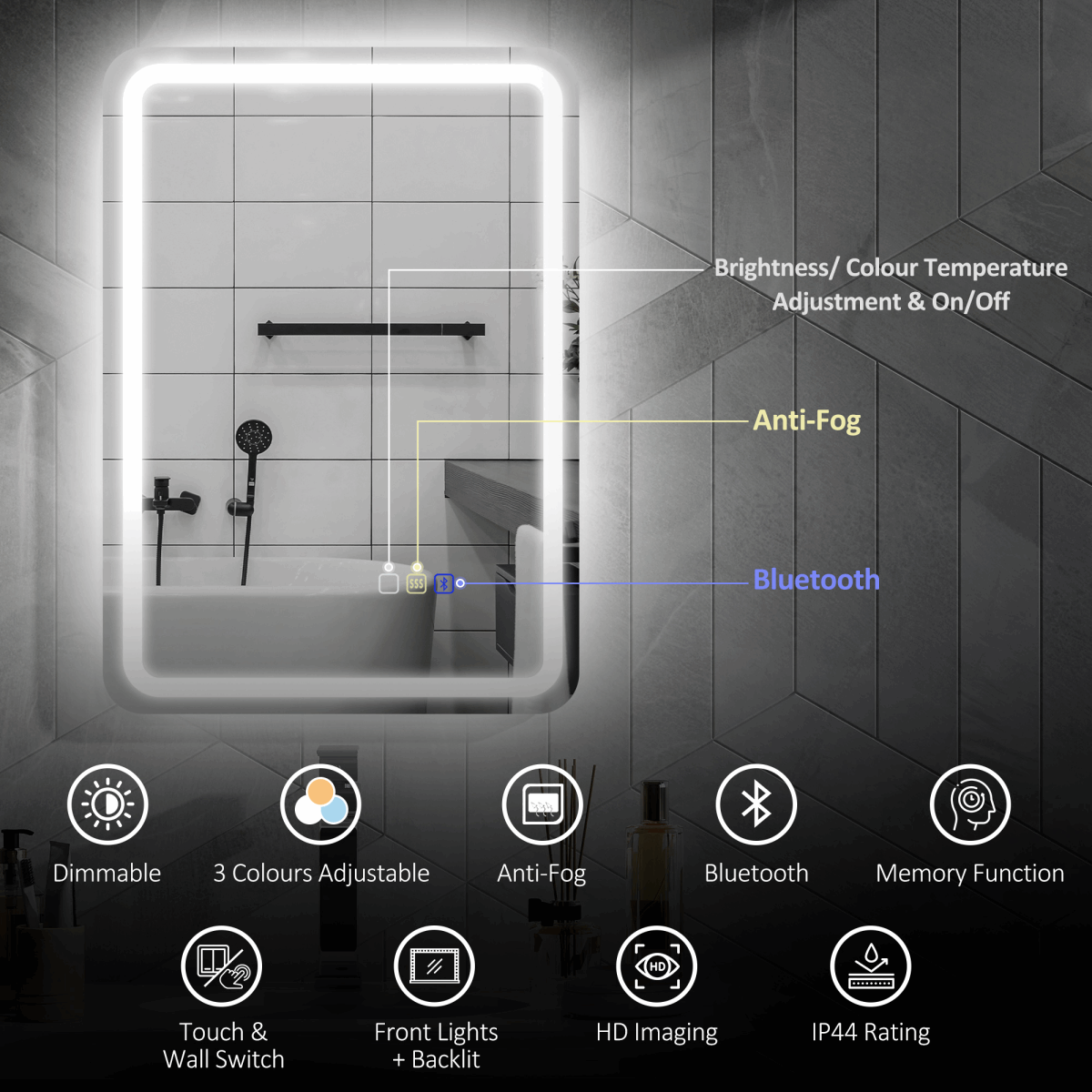 HOMCOM 500 x 700 mm Illuminated Bathroom Mirror with Bluetooth HOMCOM