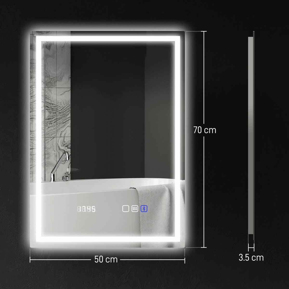 HOMCOM 500 x 700 mm Bathroom Mirror with Bluetooth Clock Lights Demister Pad HOMCOM