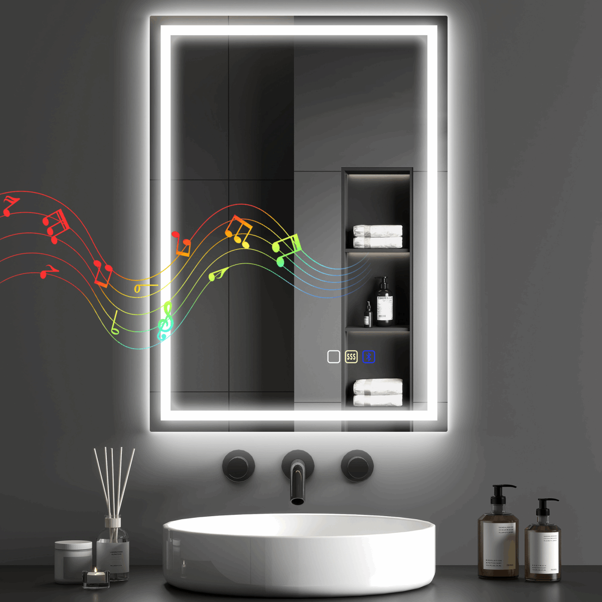 HOMCOM 500 x 700 mm Bathroom Mirror with Bluetooth Clock Lights Demister Pad HOMCOM